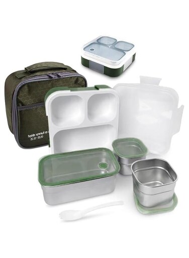 Stainless Steel Bento Lunch Box for Adults and Kids, 3 Compartments Large Leakproof Meal Prep Food Container for Men,Women Work or School Lunch Box,720ml,Green