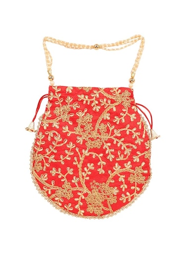 Touchstone Traditional Indian Hand Embroidered Shopping Gifts Jewelry Wedding Faux Pearls Strings Drawstring Bag for Women., Red 8.5&quot;x8