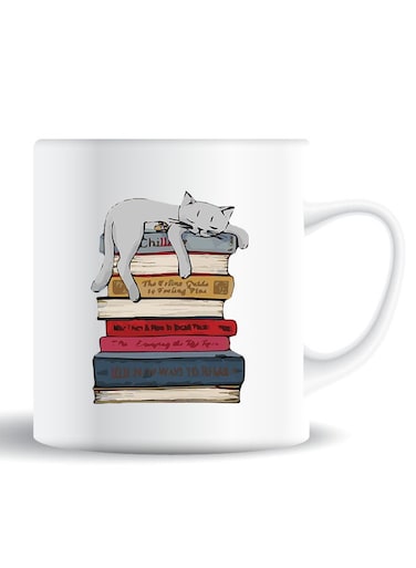 Premium Quality Two Sided Printed Coffee Mug Tea Cup Cat On Books For Home Office, Kids Men Women