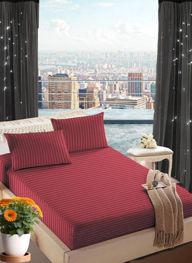 Maroon Striped Queen Bed Sheet Sets Cotton 3 Piece Set Deep Pocket 180x200+25cm