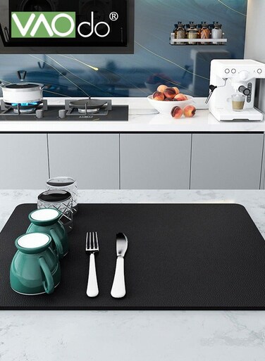 2PCS Multifunction Coffee Mat, Countertop Mat Bar Accessories, Dish Drying Mat, Absorbent Hide Stain Rubber Mat Black 40*50CM