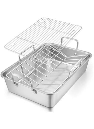E-far Roasting Pan, 16 x 11.5 Inch Stainless steel Turkey Roaster with Rack - Deep Broiling Pan &amp; V-shaped Rack &amp; Flat Rack, Non-toxic &amp; Heavy Duty, Easy Clean &amp; Dishwasher Safe - Large