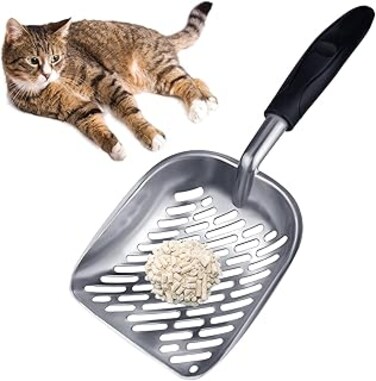 Andiker Metal Cat Litter Scoop Durable Large Litter Box Sifter with Ergonomic Long Handle and Large Holes Slot Pet Litter Shovel Easy to Clean (Black)