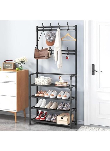 Coat Rack with 4 Layer Shoe Rack, Multifunctional Shoe Organizer with 8 Hanging Hooks, 2 in 1 Freestanding Shoe Rack for bedroom, Living Room, Entryway (4 Tier, Black)