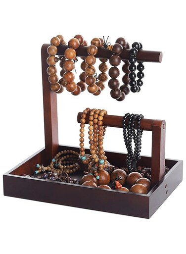2 Tier Wooden Jewelry Holder Organizer Bracelet Display Holder Jewelry Holder Stand Bracelet Stand with Mirror Bracelets Rings Holder Earrings Jewelry Tray Jewelry Towel for Watches Necklace (Brown)