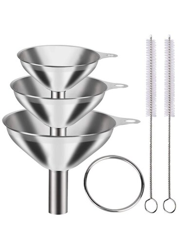 Metal Stainless Steel Funnel, Large Medium Small Funnel Set of 3, Food Grade Mini Funnels for Kitchen Use Filling Bottles Flask Cooking, 2 Brushes