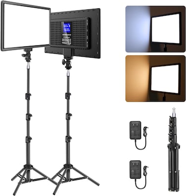 NEEWER BASICS 13" LED Video Light Panel, 2 Pack Studio Lighting Kit with Tripod Stands, Bi Color Photo Key Light for Streaming Photography Podcast Recording, 2400Lux 3200-5600K CRI97+ 8000mAh, NL-192B