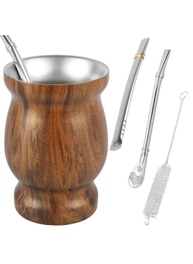 Yerba Mate Cup with Lid, with Bombilla Straw Cleaning Brush, Double Wall Mate Cup And Bombilla Set, Coffee Water Tea Natural Mate Gourd Cup Kit For Yerba Loose Leaf Drinking (Wood)