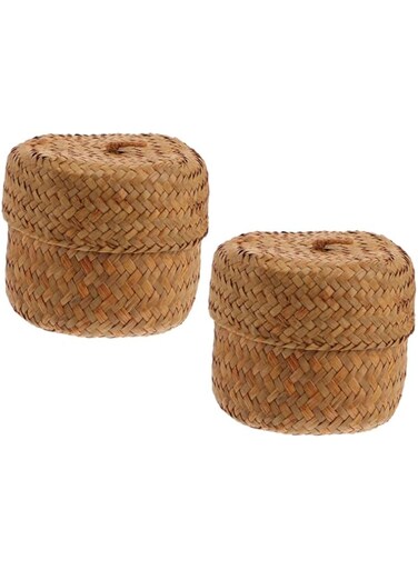 Ciieeo 2Pcs Small Wicker Basket with Lid Round Seagrass Storage Basket Handmade Woven Basket Mini Packing Box for Home Shelf Decor Wood Color