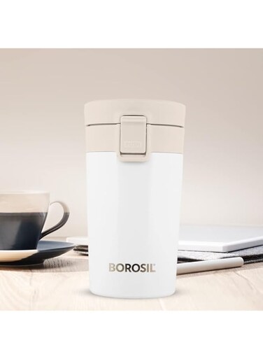 Borosil Vacuum Insulated Double Wall Travelmate Mug Coffee Mug Thermos Flask Portable Easy To Carry Office Outdoor Picnic Reusable Leak Proof White 300 ML