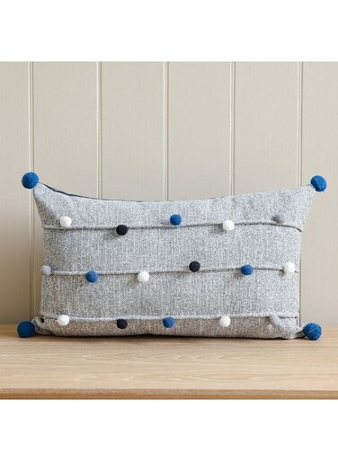HOME Filled Cushion with Handmade Balls - Grey 30x50 cm   Decorative Throw Pillow For Sofa   Soft Polyester Cushion For Home Decor
