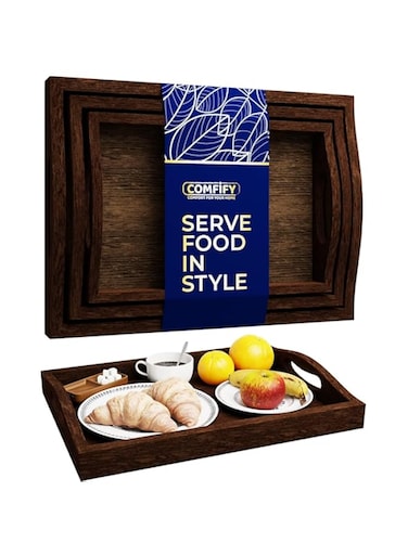 Rustic Wooden Serving Trays with Handle - Set of 3 - Large, Medium and Small - Nesting Multipurpose Trays - for Breakfast, Coffee Table/Butler &amp; More - Light &amp; Sturdy Paulownia Wood - Torched Brown