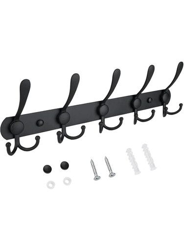 ALMEKAQUZ Wall Mounted Coat Rack, Five Heavy Duty Tri Hooks All Metal Construction for Jacket Coat Hat in Mudroom Entryway (Matte Black, 1-Pack)