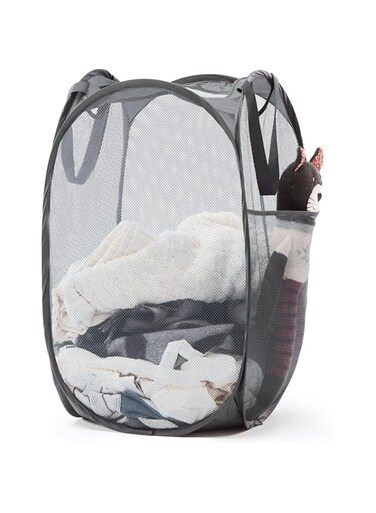 Collapsible Mesh Pop Up Laundry Hamper with Sturdy Handles and Side Pocket - Portable Foldable Clothes Baskets for Dorm, Bathroom &amp; Travel Storage (Grey)