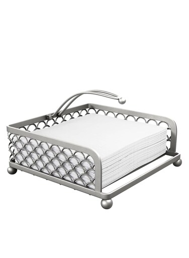Elegant Flat Paper Napkin Holder with Dispenser Arm - Silver Napkin Holders for Table, Kitchen, Countertops &amp; Outdoor Tables - Square Metal Lattice Dinner Napkin Holder
