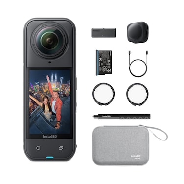 Insta360 X5 Essentials Bundle X5 Camera + Extra Battery + 114cm Invisible Sefie Stick + Lens Cap + Carry Case, 15m Waterproof 8K 360 Action Camera, Low Light Capture, Wind Guard - Black