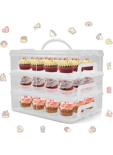 LEPump Cupcake Carrier, 3-Tiers Cupcake Containers, Holds 36 Cupcakes or 3 Large Cakes, Cupcake Holder, Cupcake Box with Lid and Handle (White, Basic)