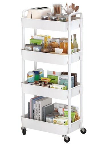 4-Tier Plastic Rolling Utility Cart with Handle, Multi-Functional Storage Trolley for Office, Living Room, Kitchen, Movable Storage Organizer with Wheels, White