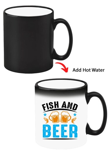 Color Changing Heat Sensitive Ceramic Mug, Image Revealed When HOT Liquid is Added! Fish and Beer black