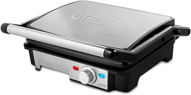 Ufesa Grill, 2200 W, Non-Stick Plates, 180&deg; Plate Openings, Temperature Regulator, Grease Tray, Cold Touch Handles, Silver/Black-PR2000