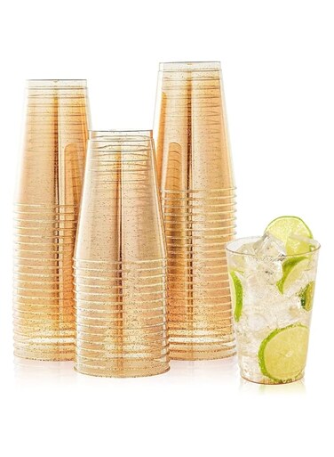 KWSLIN Disposable Plastic Cups, 20 Pack 10oz Gold Glitter Plastic Cups, Clear Plastic Tumblers, Elegant Appearance and easy to clean, Gold Plastic Cups for Wedding, Thanksgiving, Party Cups