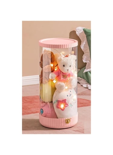 MUMOO BEAR Kids' Toy Storage Box Transparent Dust Proof Toy Organizer Plastic Rotable Storage Bucket with String Light for Stuffed Animals and Plush Toys (60cm, Pink)