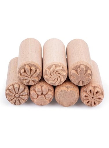 OLYCRAFT 7PCS 2x0.8 Inch Wood Pottery Tools Stamps Clay Stamps Column Wooden Stamps Natural Wood Stamps with Mixed Patterns Round Pottery Stamps Wooden Pottery Stamp for Clay and Ceramic