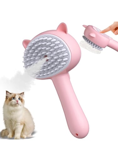 Incisae Cat Steam Brush for Shedding, 4 in 1 Steamy Cat Brush with Handle, Rubber Pet Misting Brush with Release Button, Mist Dog Comb with Cleanser for Indoor Kittens Small Animals (Pink)