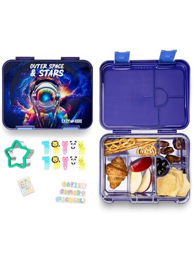 Eazy Kids 6 &amp; 4 Convertible Bento Lunch Box With Sandwich Cutter Set - Outer Space Blue