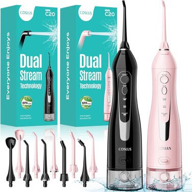 COSLUS C20 Water Flosser Teeth: 2 Pack 300ml Portable Cordless Oral Irrigator, Rechargeable Travel Irrigation Cleaner for Teeth, Gums, Braces Care, IPX7 Waterproof Electric Flossing, Black &amp; Pink