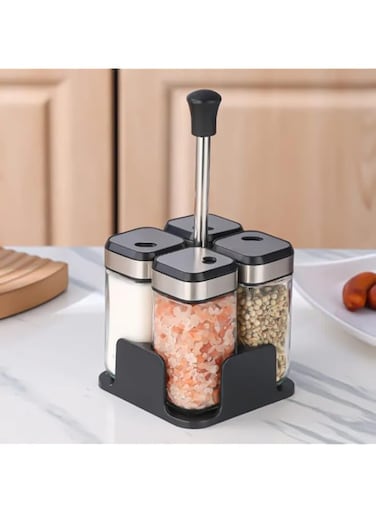 Glass Spice Jar Set with Stand, 4 Square Containers 120ml, Stainless Steel Lids, Kitchen Storage Organiser, spices Storage Glass bottles