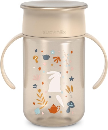 Suavinex, Infant Cup With Leak Proof Disc, Magic Cup With Rim, Leak Proof 360&deg;, Removable Handles, Hygienic Lid, Dishwasher Safe, 12 Oz, Wonderland Beige