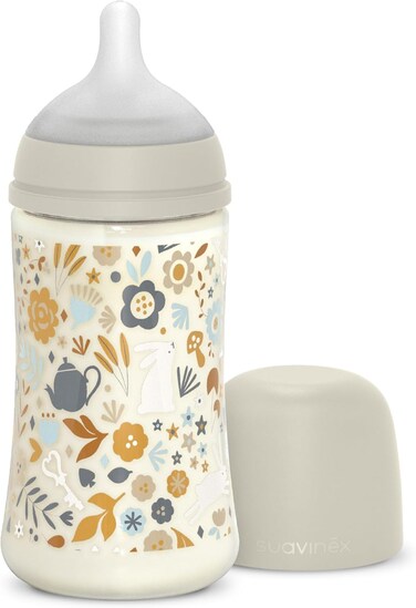 Suavinex Polyamide Baby Feeding Bottle With Medium Flow Physiological Nipple Teat, Mimics Natural Breastfeeding Experience, 3+ Months 270ml - Grey