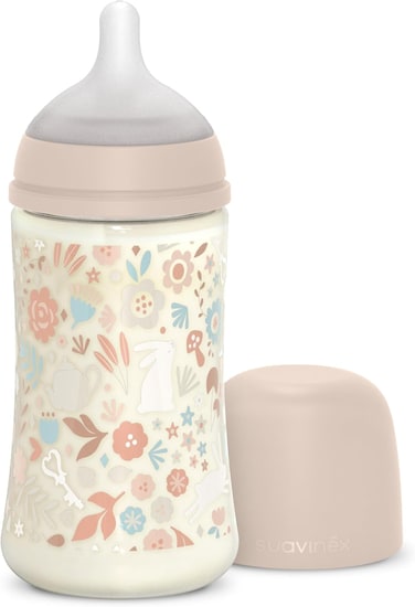 Suavinex Polyamide Baby Feeding Bottle With Medium Flow Physiological Nipple Teat, Mimics Natural Breastfeeding Experience, 3+ Months 270ml - Pink