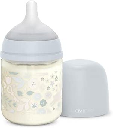 Suavinex Glass Baby Feeding Bottle With Slow-Flow Physiological Nipple Teat, Mimics Natural Breastfeeding Experience, +0 Months 120ml - Blue