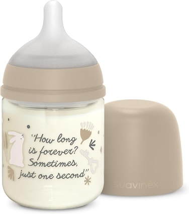 Suavinex Glass Baby Feeding Bottle With Slow-Flow Physiological Nipple Teat, Mimics Natural Breastfeeding Experience, +0 Months 120ml - Beige