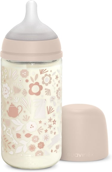 Suavinex Glass Baby Feeding Bottle With Medium Flow Physiological Nipple Teat, Mimics Natural Breastfeeding Experience, +3 Months 240ml - Pink