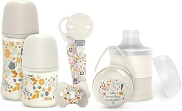 Suavinex Wonderland Baby Gift Set, 6-Piece Newborn Feeding Kit With Bottles, Silicone Pacifier, Soother Clip, Duo Pacifier Pod And Milk Powder Dispenser, BPA Free