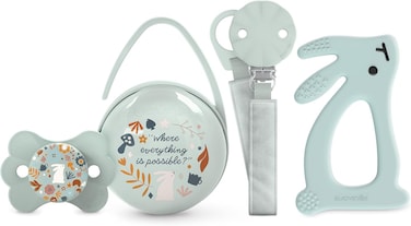 Suavinex Wonderland Soother Gift Set - 4-Piece Set For 0&ndash;6 Months With Silicone Pacifier, Fabric Soother Clip, Duo Pacifier Pod &amp; Bunny Teether - BPA-Free - Ideal Newborn Gift