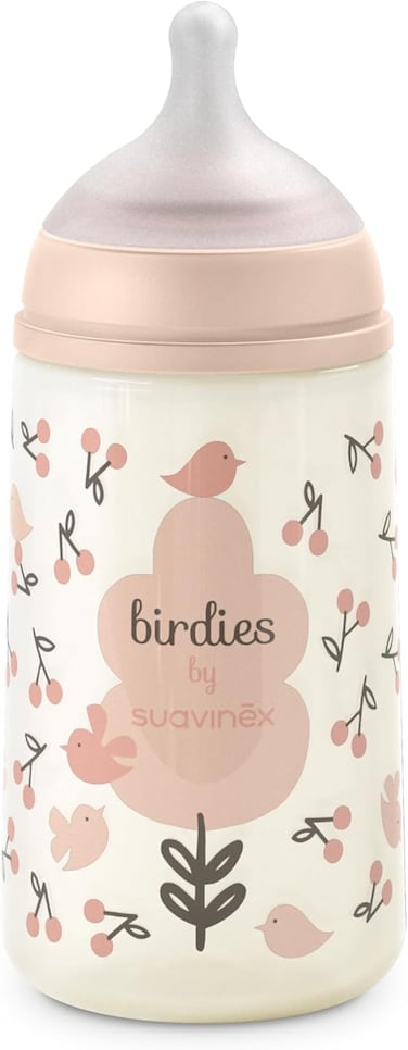Suavinex, Anti-Colic Bottle 270 ml With Physiological SX Pro Silicone Teat, Medium Flow (M), For Medium Density Liquids, Milk, Juice Or Water, Babies +3 Months, Birdies, Pink
