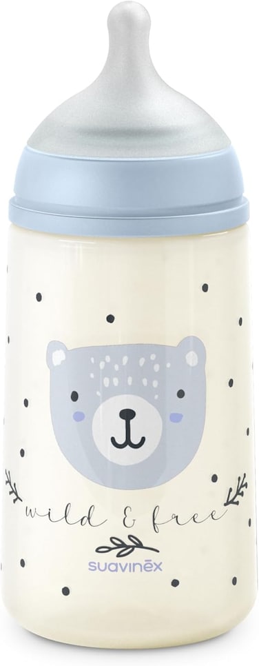 Suavinex, 270 ml Bottle With Physiological SX Pro Silicone Teat With Anti-Colic Valve, Medium Flow (M), For Liquids, Medium Density, Milk, Juice Or Water, Babies +3 Months. Wild&amp;Free Blue