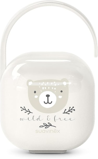 Suavinex, Baby Pacifier Holder, For Carrying 2 Pacifiers, Box &ndash; Durable And Easy To Clean Case, With Flexible Handle For Hanging From Bag, Trolley Or Cot, Secure Closure, +0 Months, Wild&amp;Free Beige