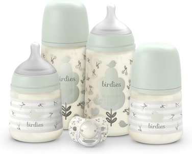 Suavinex, Newborn Baby Bottle Set, Gift Pack With: 2 X 270 ml Medium Flow + 2 X 150 ml Slow Flow + Pacifier 0 To 6 Months, Physiological SX Pro Silicone Teats, 5 Pcs, +0M, Birdies Green