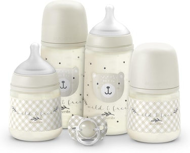 Suavinex, Newborn Bottle Set, Gift Box With: 2 X 270ml Medium Flow + 2 X 150ml Slow Flow + Pacifier From 0 To 6 Months, Symmetrical SX Pro Silicone Pacifiers, 5Pcs, +0M, Wild And Free Grey