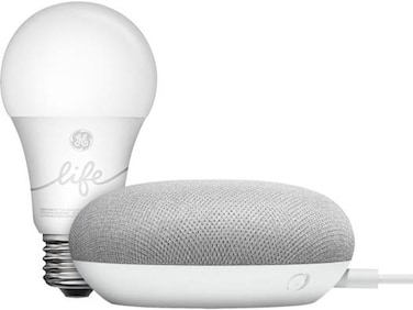 Google Home Mini Smart Light Starter Kit, Dual-Band Wi-Fi Connectivity, 1.58" Driver, A19 Bulb Shape, 760 Luminous Flux, 2700K Color Temperature, White   GA00518-US