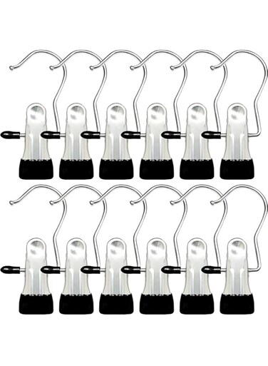 12 Pack Clothes Pins Hanging Clips Hook, Stainless Steel Clothes pins for Laundry Closet Organizer, Socks Towels Pants Socks Gloves Handbag Boots Hanger Clips for Home and Travel