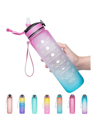 Cutiecute 32 oz Motivational Water Bottle with Time Marker &amp; Straw - BPA Free &amp; Leakproof Tritian Frosted Portable Reusable Fitness Sport 1L Water Bottle for Office Gym Workout (Pink-Blue)