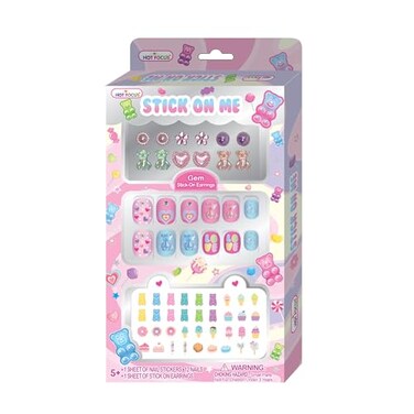 Hot Focus Kids Fashion Beauty Set, 1 Sheet Stick-On Earrings, 12 Press On Nails, Nail Stickers