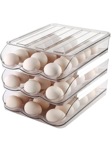MesRosa Egg Holder for Fridge,Automatically Rolling Egg Storage Container for Refrigerator,Egg Organizer for Fridge with Lid,Clear Plastic Dispenser, Tray &amp; Box -3 Layer