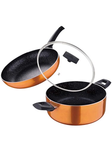 Bergner Ultra 3Pcs Cookware Set, Frypan 28cm + Casserole With Lid 26cm, Orange Colour, Pressed Aluminium, Induction Bottom, BG31311Or